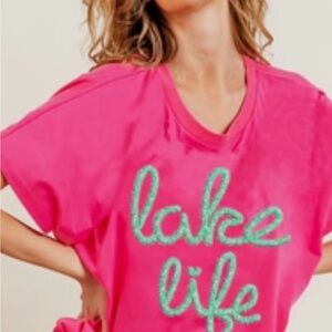 BiBi lake life fuchsia Pink and Green 'Lake Life' top XL summer Barbiecore beach